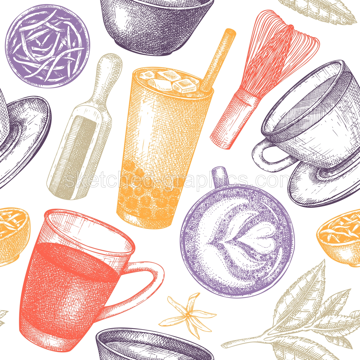 Hand-sketched tea drinks and ingredients seamless pattern. Vector backdrop with hot beverage cups, dried leaves, jasmine blossoms sketches. Popular tea background for cafe or restaurant menu design Illustration